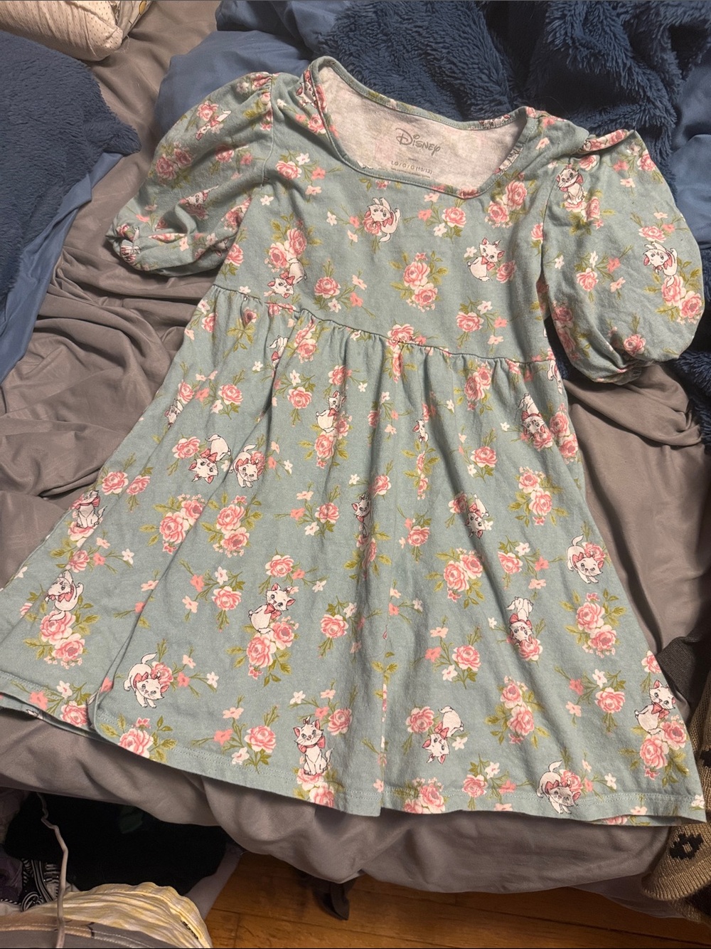 Disney Girls' Seafoam Green Floral Dress with Pink Roses and Marie Kitten